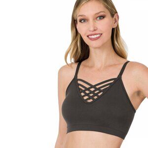 Zenana Wirefree Bralette with Front V-Lattice and Strappy Design - Ash Grey